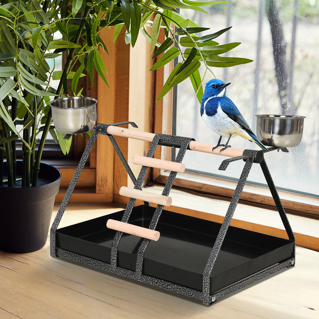 Portable Bird PlayStand Training Playground with Wood Perch Ladder Feeding Cups for Macaw Parrot Conure