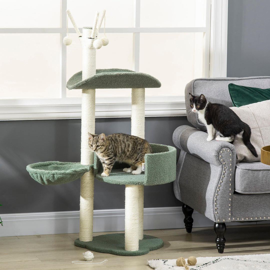 Cat Tree, Climbing Kitten Cat Tower Activity Center for Indoor Cats with Sisal Scratching Post, Hammock, Kitten Bed, Hanging Ball Toy, Green