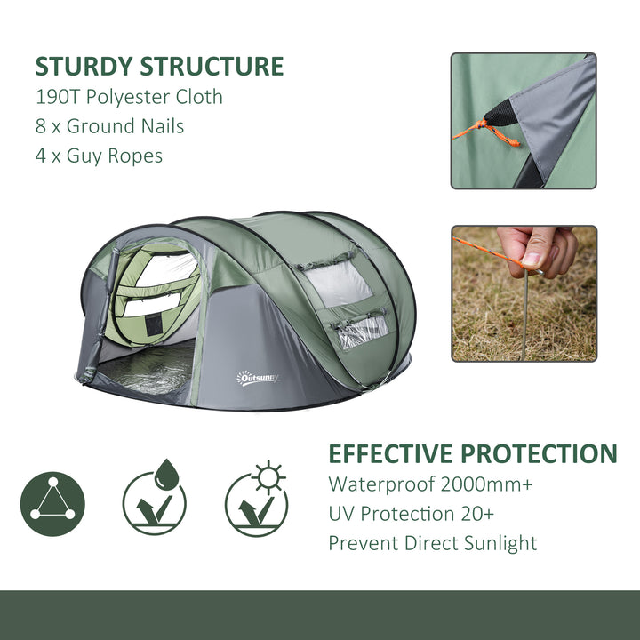 4-5 Person Pop-up Camping Tent Waterproof Family Tent w/ 2 Mesh Windows & PVC Windows Portable Carry Bag for Outdoor Trip Dark Green