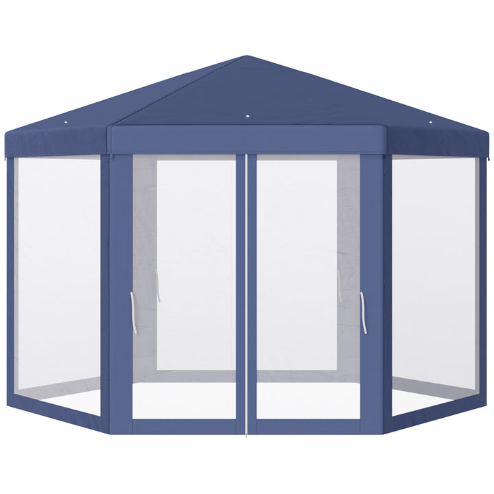 Outsunny 4M Netting Gazebo Hexagon Tent Patio Canopy Outdoor Shelter Party Activities Shade Resistant (Blue)