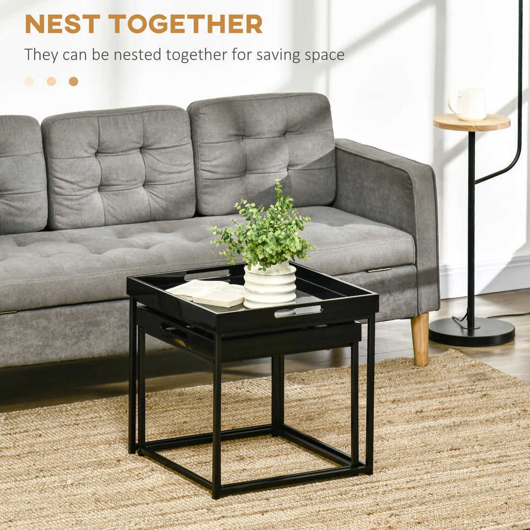 Modern Coffee Table Set of 2, Square Nest of Tables with Steel Frame and High Gloss Effect for Living Room, Black
