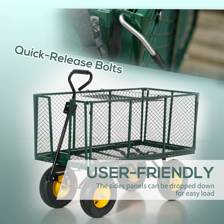 Outsunny Large 4 Wheel Heavy Duty Garden Trolley Cart Wheelbarrow with Handle and Metal Frame - Green