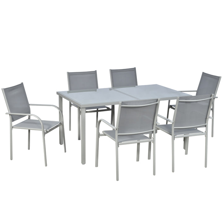 7 Piece Garden Dining Set, Outdoor Table and 6 Stackable Chairs, Steel Frame, Tempered Glass Top Table, Mesh Seats, Grey