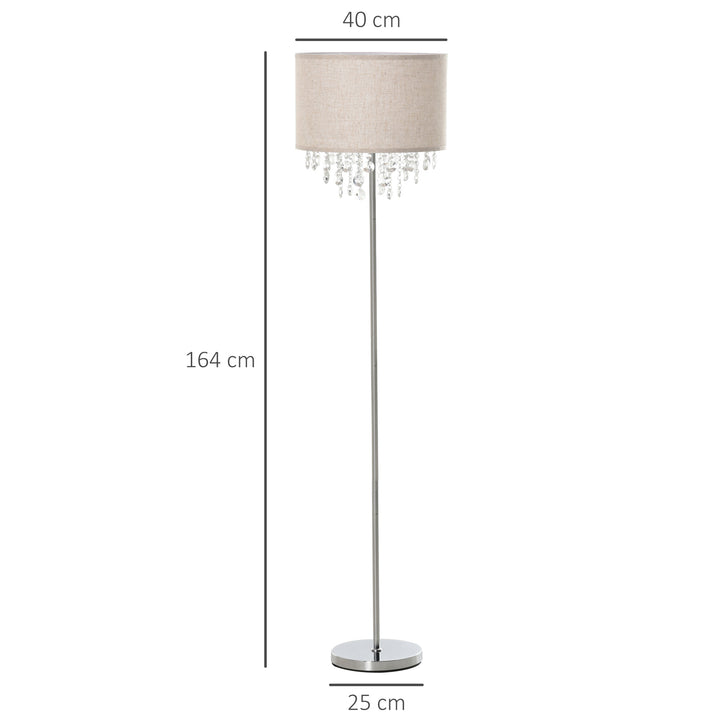 Modern Steel Floor Lamp with Crystal Pendant Fabric Lampshade Floor Switch, Home Style Standing Light, Silver and Cream White