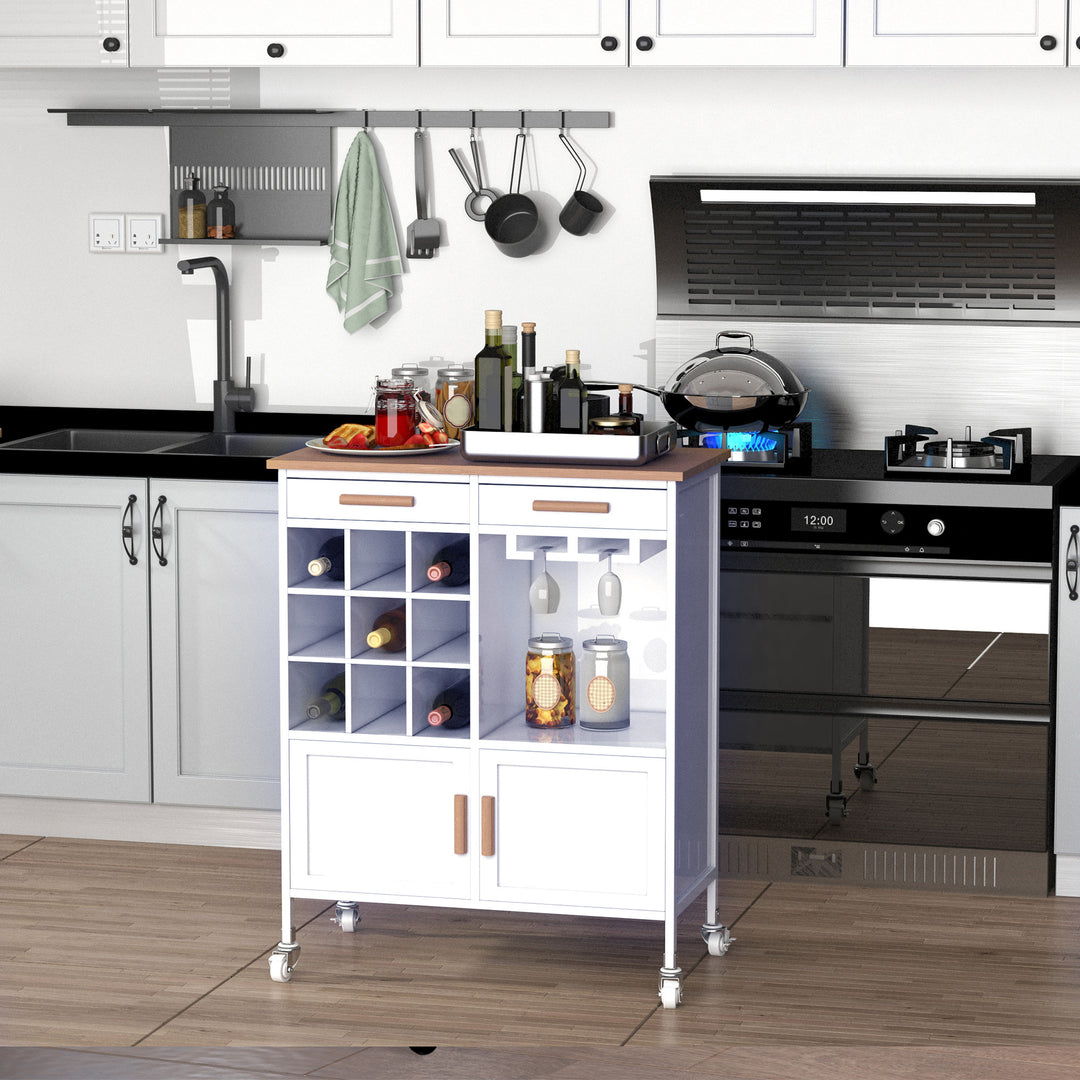 Rolling Kitchen Cart Sideboard Island Portable Serving Utility Storage Display Cabinet Trolley Wood Drawers w/Doors on Wheels&amp;Wine Racks