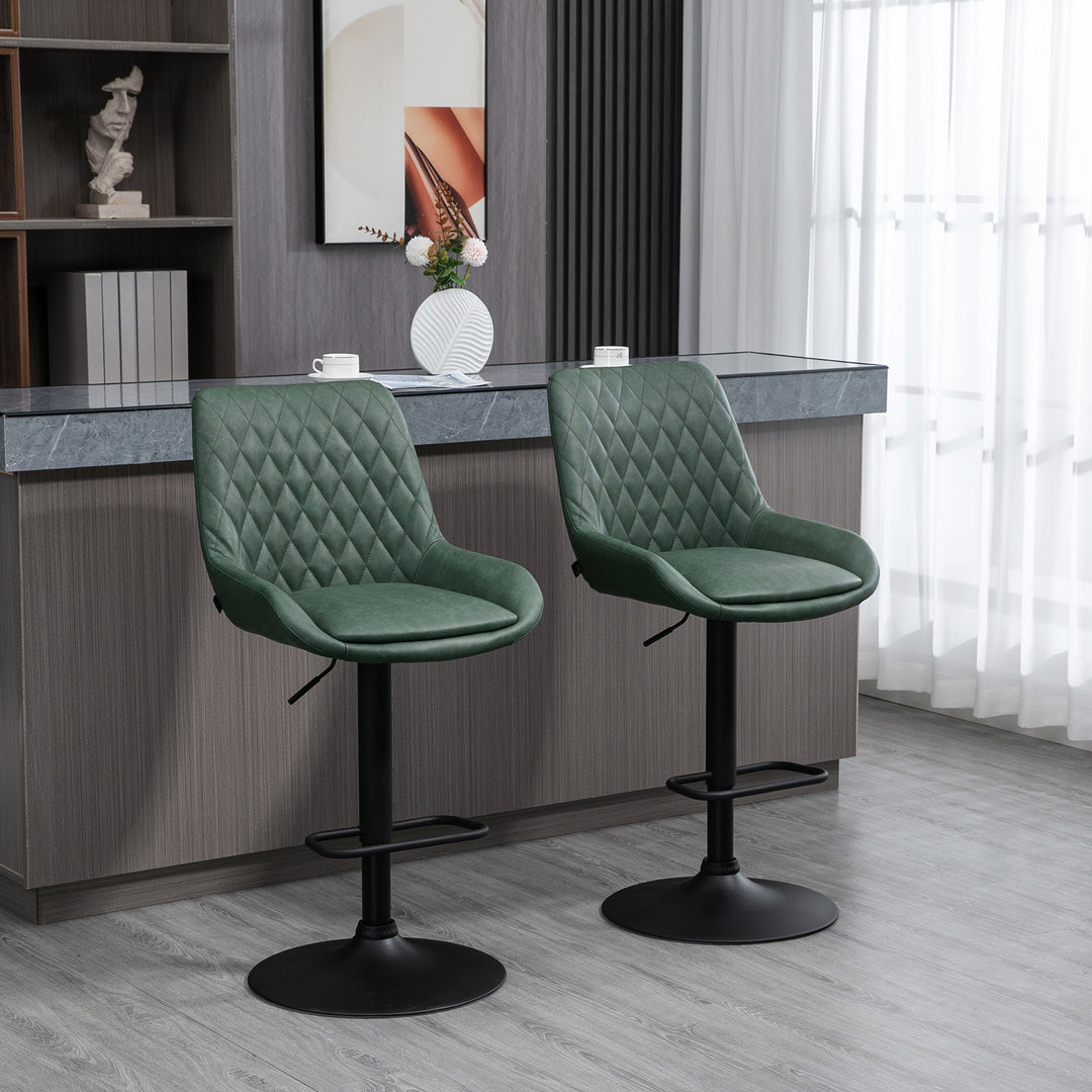 Set of 2 Retro Bar stools With Backs , Adjustable Kitchen Stool, Upholstered Bar Chairs with Back, Swivel Seat, Dark Green