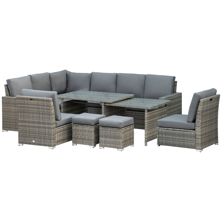 7 Piece Rattan Garden Furniture Set, 10-Seater Sofa Sectional with Cushioned Sofa Seat, Footstools and Expandable Glass Table for Yard Grey