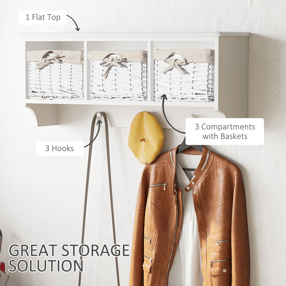 Entryway Coat Rack Wall Mounted Shelf w/Wicker Basket and Hooks (3 Baskets, White)