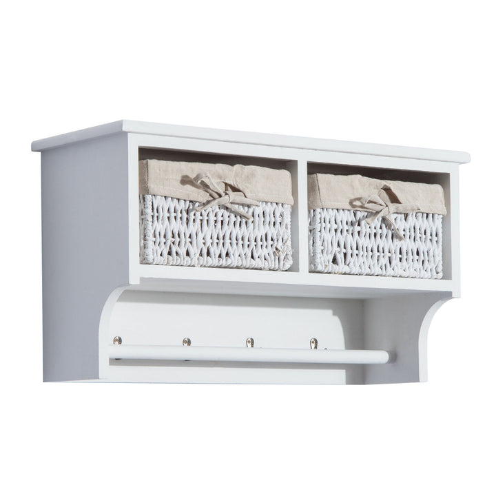 Entryway Coat Rack Wall Mounted Shelf w/Wicker Basket and Hooks (2 Baskets, White)