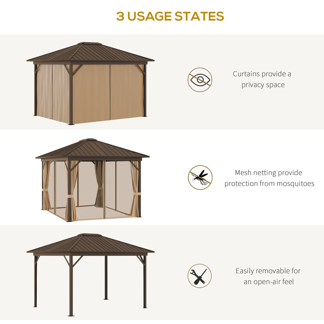 Outsunny 3.6 x 3(m) Outdoor Hardtop Gazebo Metal Roof Patio Gazebo with Aluminum Frame, Mesh Nettings, Curtains, &amp; Roomy Interior Space, Brown