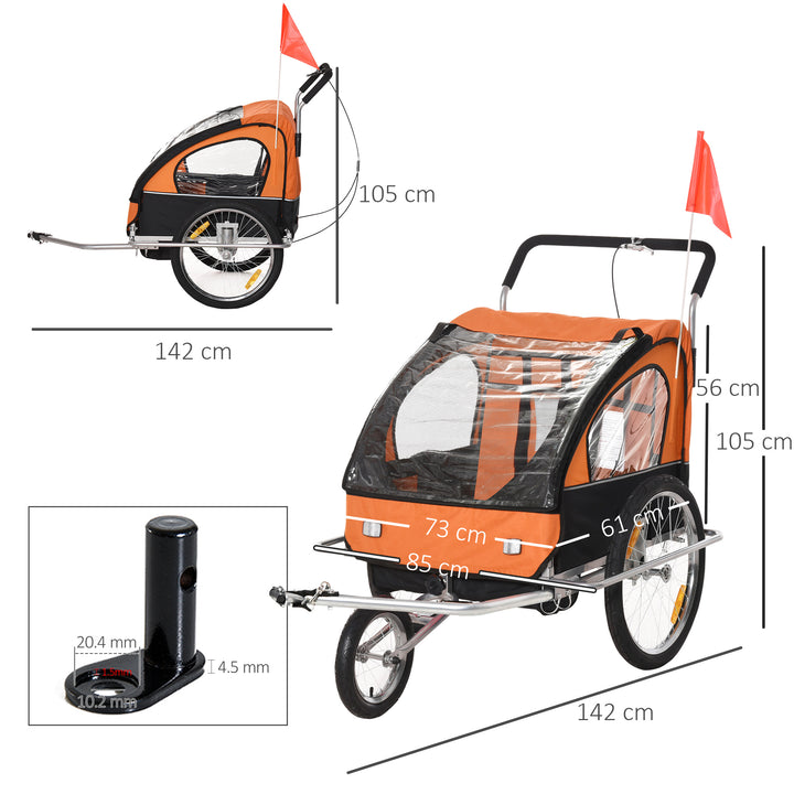 Collapsible Bike Trailer 2-Seater for Baby Bicycle with Pivot Wheel Suitable For 18 Month + Child Orange