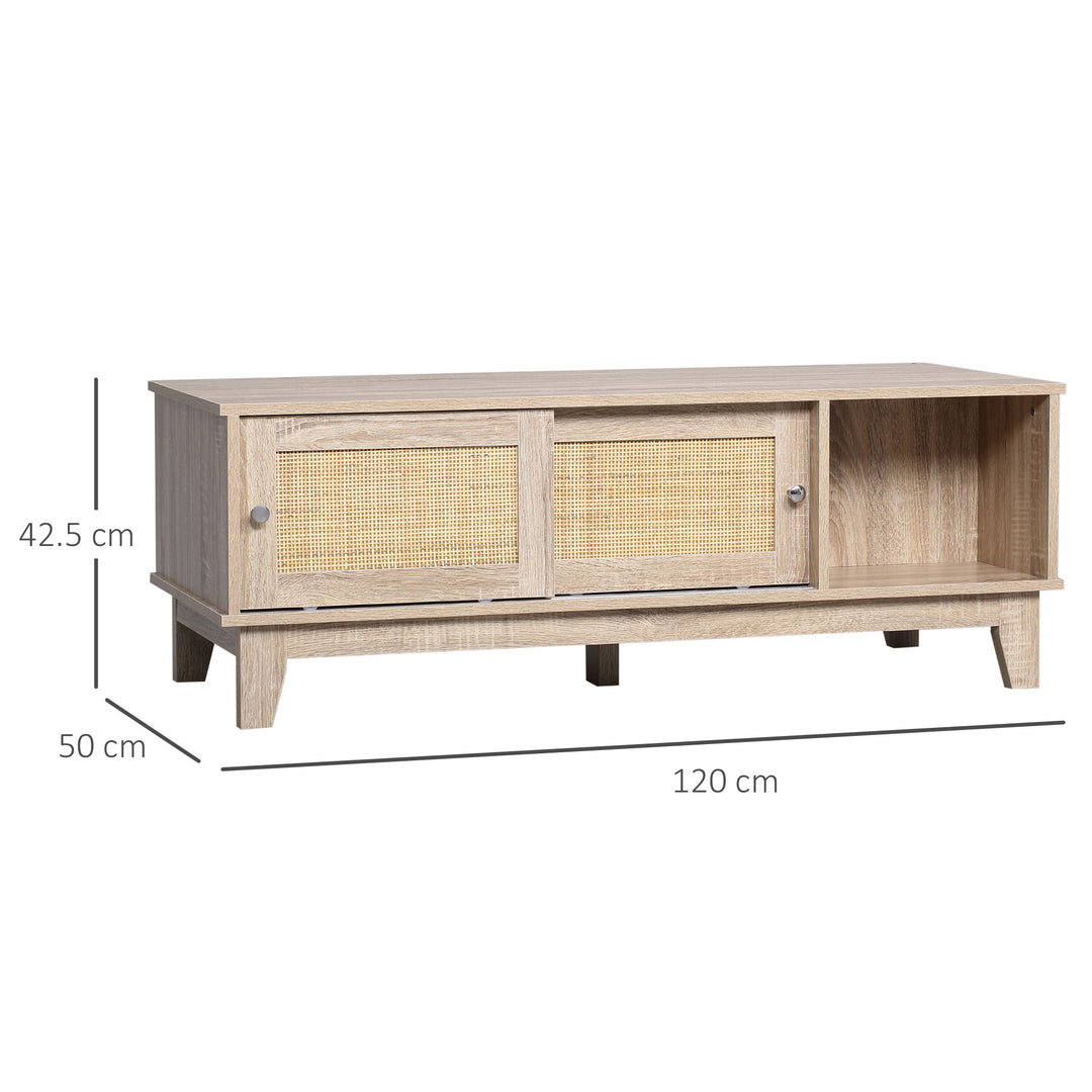 Coffee Table with Storage, Tea Table with Sliding Doors and Natural Woven Rattan for Living Room, Office, Study Room, Reception Room
