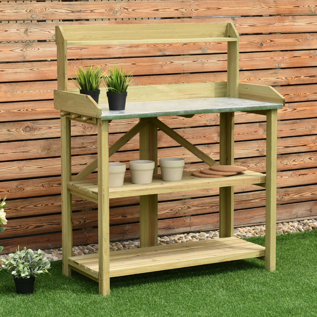 3 Tier Garden Patio Potting Table with Storage Shelf and Hooks