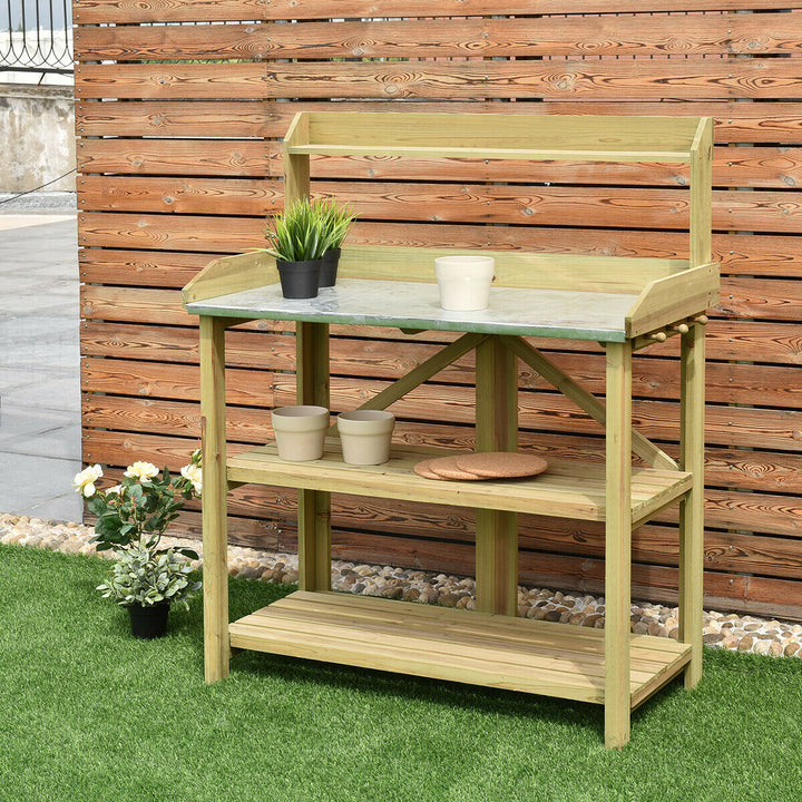 3 Tier Garden Patio Potting Table with Storage Shelf and Hooks