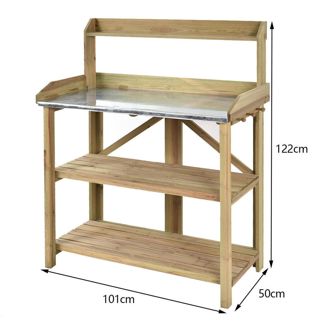 3 Tier Garden Patio Potting Table with Storage Shelf and Hooks