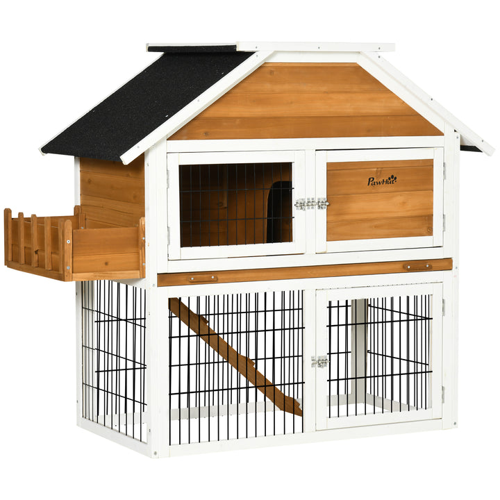 PawHut 2 Tier Wooden Rabbit Hutch, Guinea Pig Cage, Bunny Run, Small Animal House with Plant Box, Slide-out Tray, Ramp, 123 x 58 x 106cm, Natural