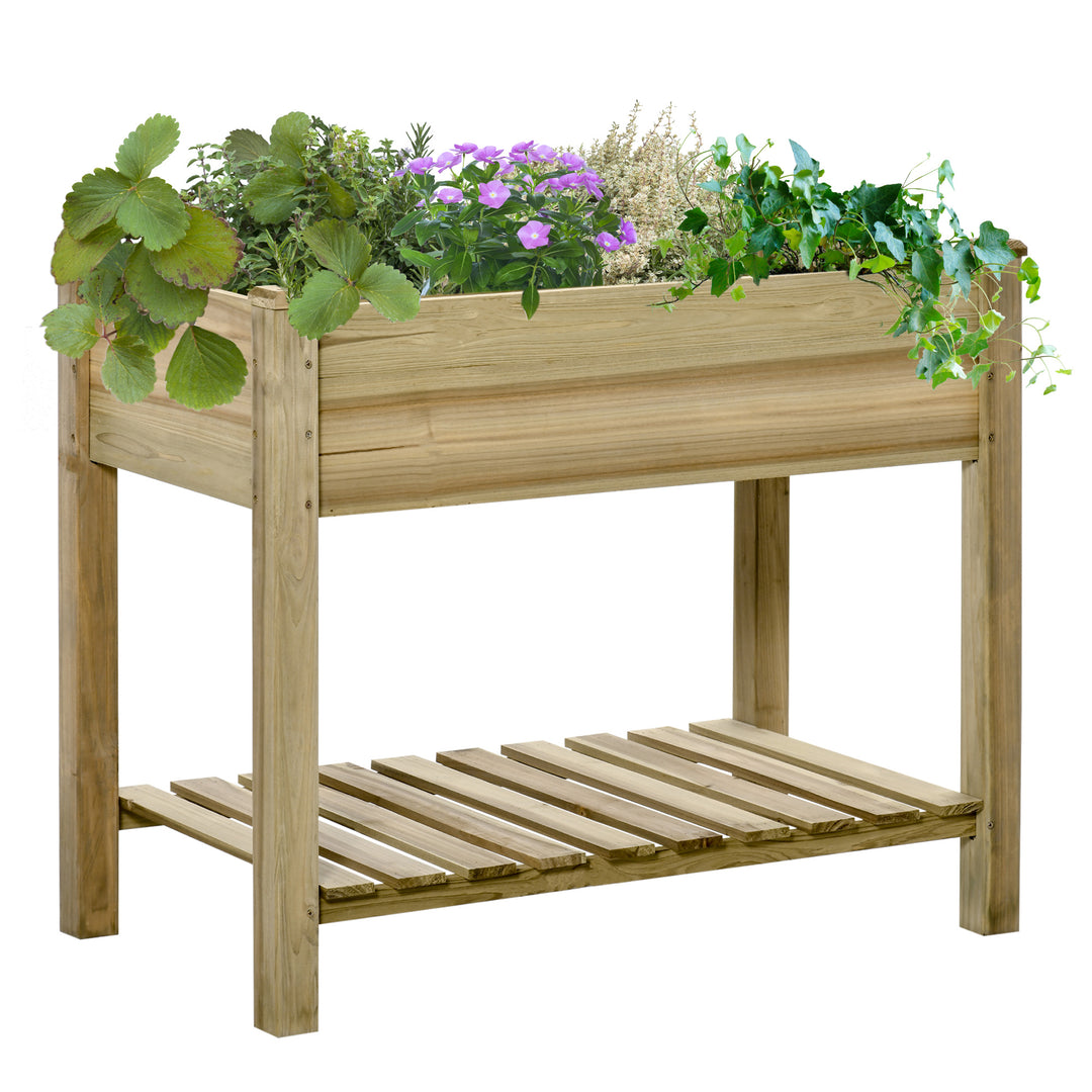 Outsunny Garden Wooden Planters， Raised Garden Bed with Legs and Storage Shelf, Gardening Standing Growing Bed Flower Boxes for Backyard, Balcony