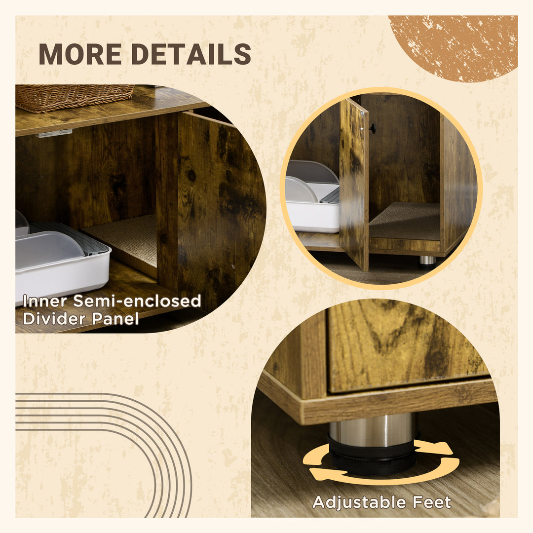 Cat Litter Box Enclosure, Hidden Cat Washroom, Decorative End Table with Double Doors, Scratching Pad, Rustic Brown