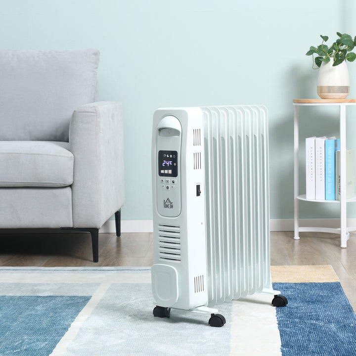 HOMCOM 2180W Digital Oil Filled Radiator, 9 Fin, Portable Electric Heater with LED Display, 3 Heat Settings, Safety Cut-Off and Remote Control, White