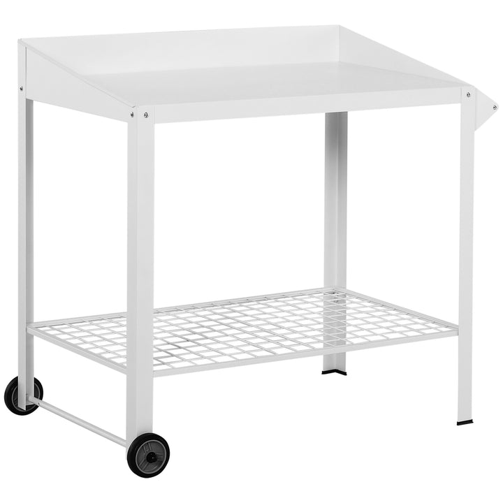 Garden Outdoor Metal Potting Table Bench Planting Workstation Push Cart with Wheels Side Hanger - White