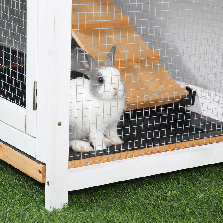 PawHut 2-Tier Rabbit Hutch Wooden Guinea Pig House Pet Cage Outdoor w/ Sliding-out Tray Ramp, 157.4x53x93.5cm, Yellow