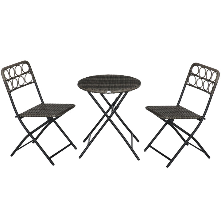 3 PCS Rattan Wicker Bistro Set with Easy Folding, Hand Woven Rattan Coffee Table and Chairs for Outdoor Lawn, Pool, Balcony & Garden, Grey