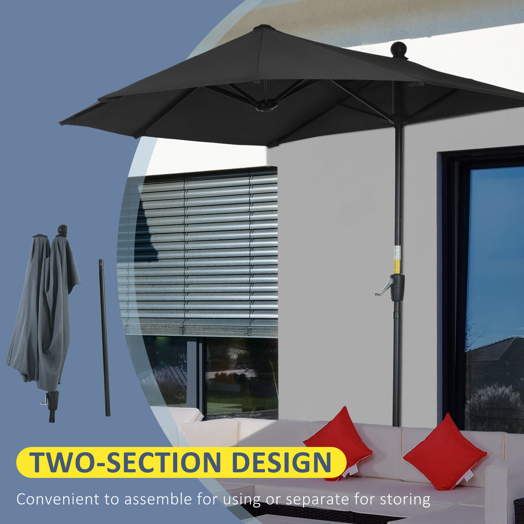 2m Half Parasol Market Umbrella Garden Balcony Parasol with Crank Handle, Base, Double-Sided Canopy, Black