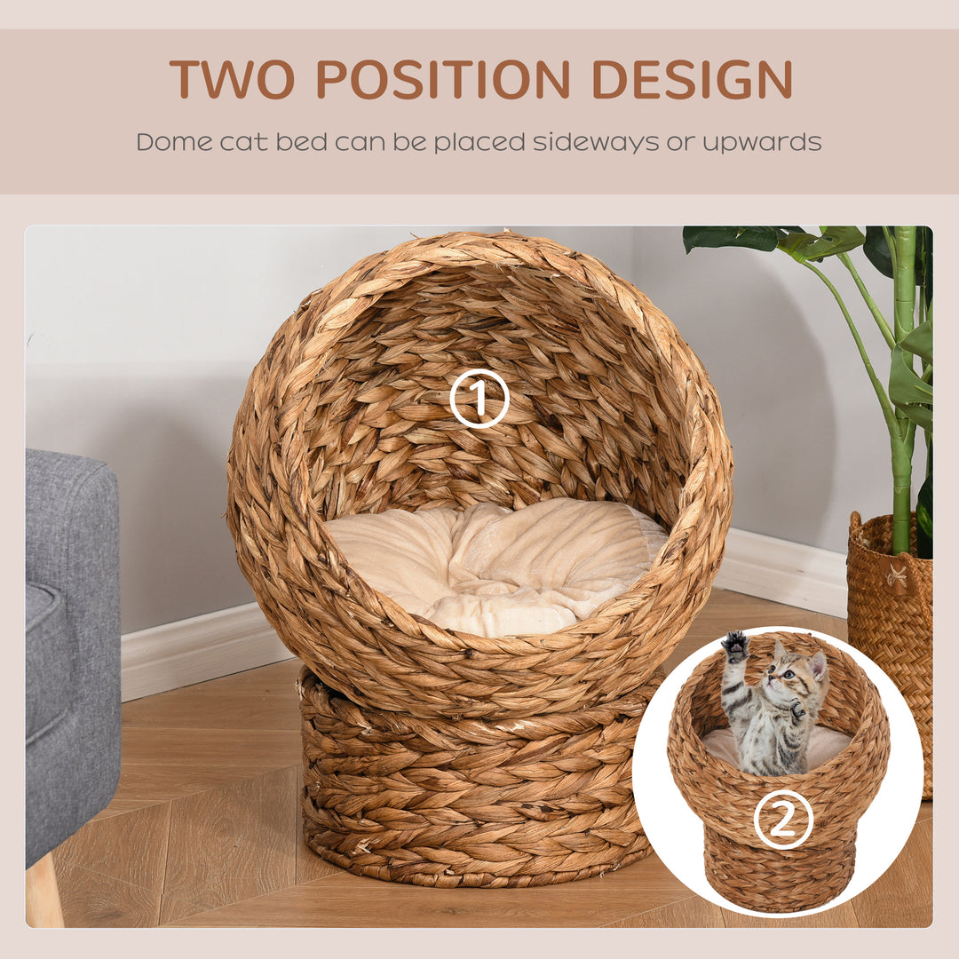 Wicker Cat Bed, Raised Rattan Cat Basket with Cylindrical Base, Soft Washable Cushion, Brown, 42 x 33 x 52 cm