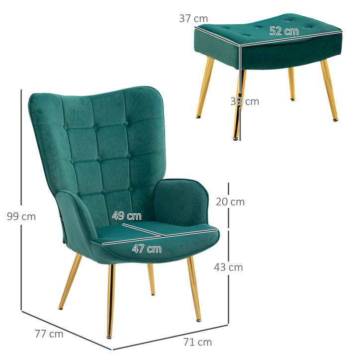 Upholstered Armchair with Footstool Set, Modern Button Tufted Accent Chair with Gold Tone Steel Legs, Wingback Chair for Living Room, Bedroom, Home Study, Dark Green
