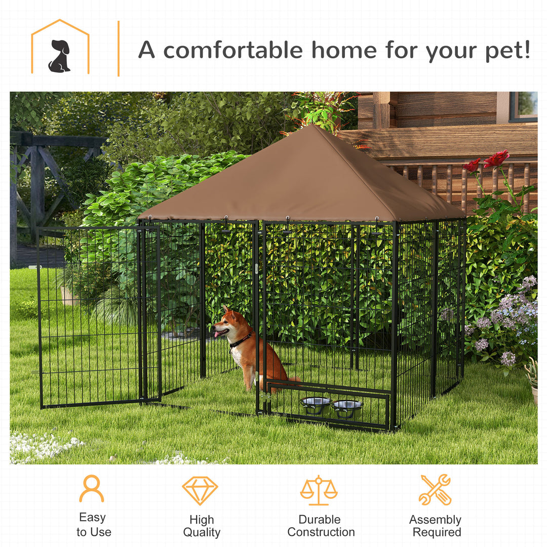 PawHut Outdoor Dog Kennel Puppy Play Pen with Canopy Garden Playpen Fence Crate Enclosure Cage Rotating Bowl 141 x 141 x 151 cm