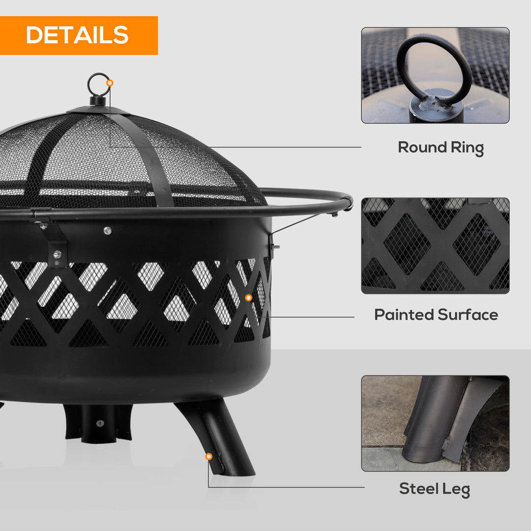 Outsunny 2-in-1 Outdoor Fire Pit with BBQ Grill, Patio Heater Log Wood Charcoal Burner, Firepit Bowl w/Spark Screen Cover, Poker for Backyard Bonfire