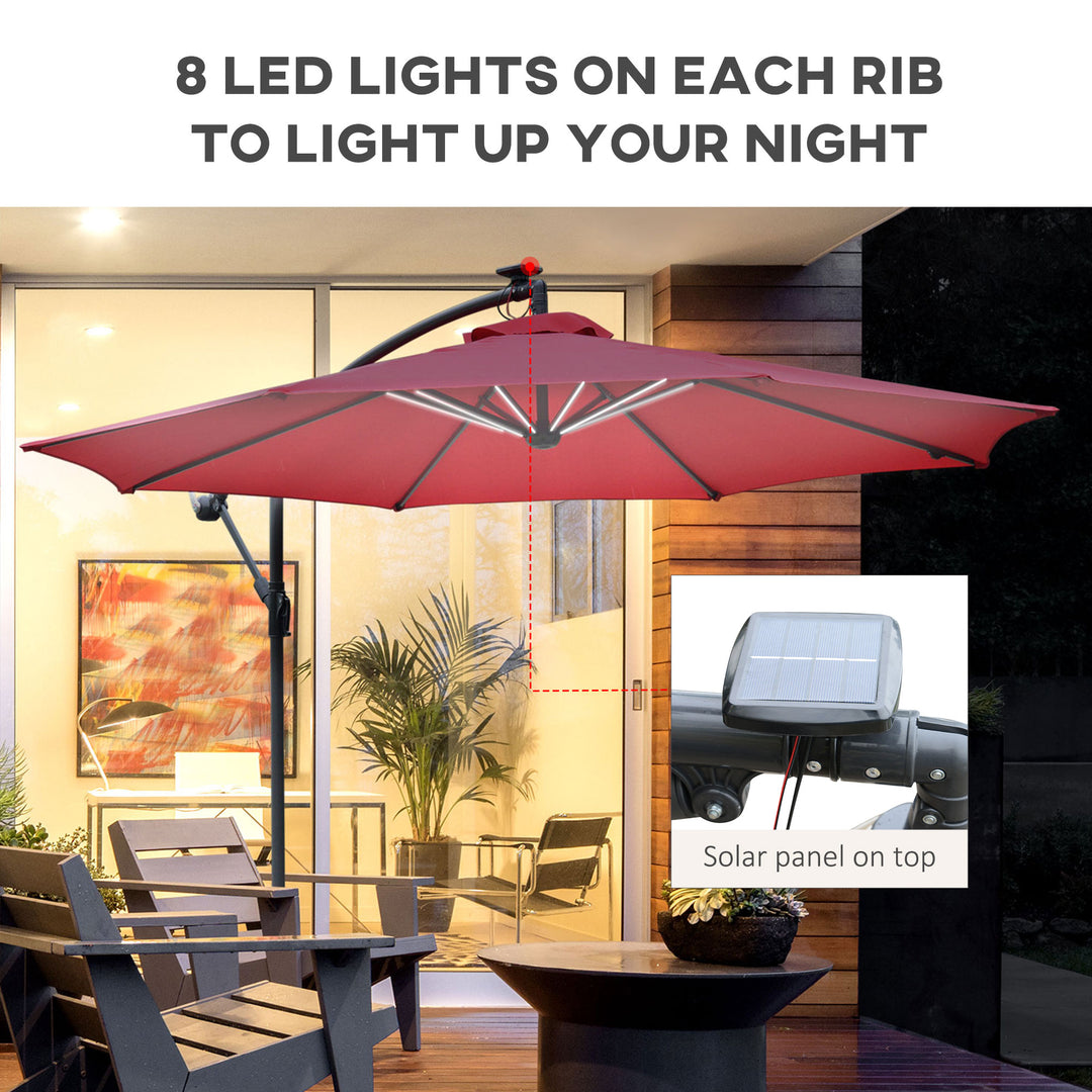 3m LED Patio Banana Umbrella Cantilever Parasol w/ Crank Cross Base Hanging Offset Umbrella Frame Steel  Aluminium Garden Table Outdoor Red