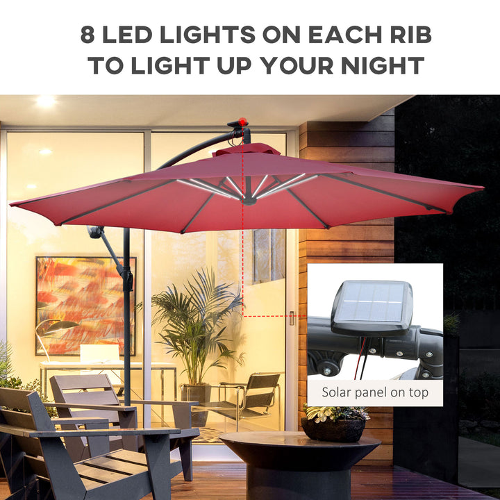 3m LED Patio Banana Umbrella Cantilever Parasol w/ Crank Cross Base Hanging Offset Umbrella Frame Steel  Aluminium Garden Table Outdoor Red