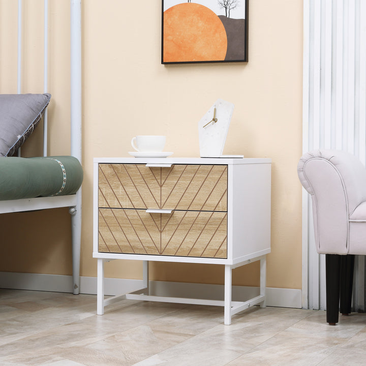 Modern Bedside Table with 2 Drawers and Metal Frame, Sofa Side Table for Bedroom Living Room, White and Oak