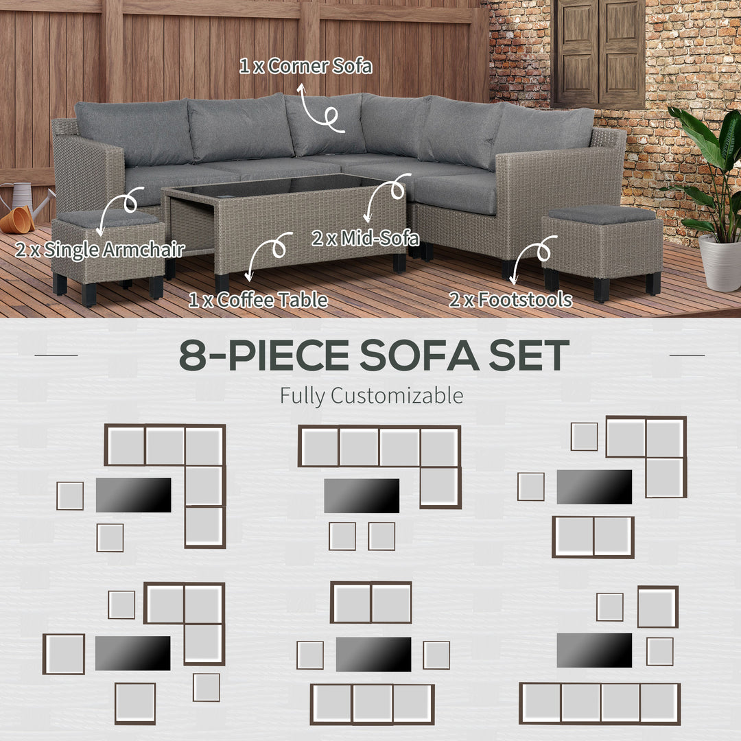 Outsunny 7-Seater PE Rattan Sofa Set Wicker Garden Furniture Patio Conservatory Corner Sofa, w/ Tempered Glass Coffee Table &amp; Cushions, Grey