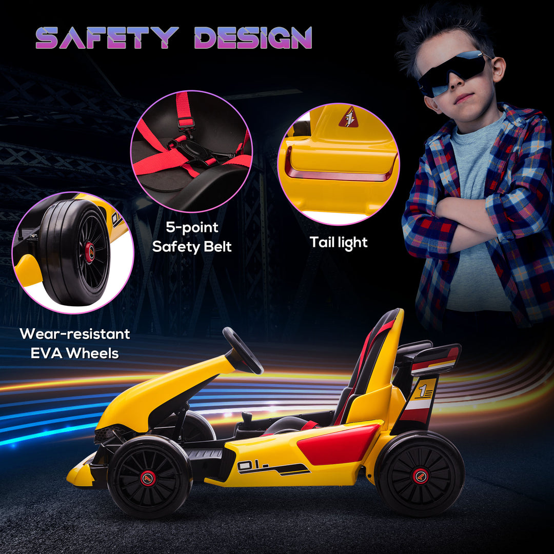 Electric Go Kart with Adjustable Footrest, Reversing Steering Wheel, Kids Ride-On Racing Go Kart with 12V Rechargeable Battery 2 Speeds Yellow