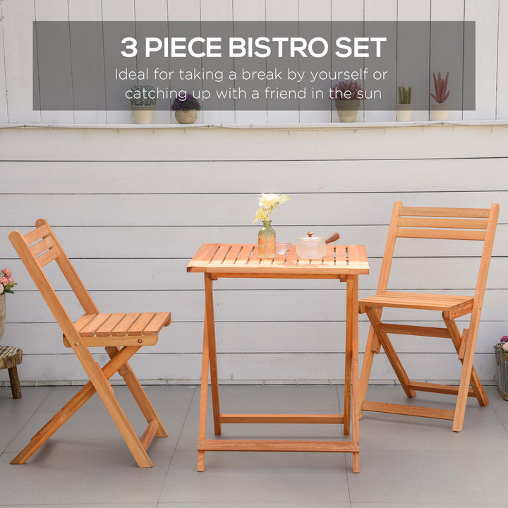 Outsunny 3 Piece Garden Bistro Set, Folding Outdoor Chairs and Table Set, Wooden Patio Dining Furniture for Poolside, Balcony, Teak