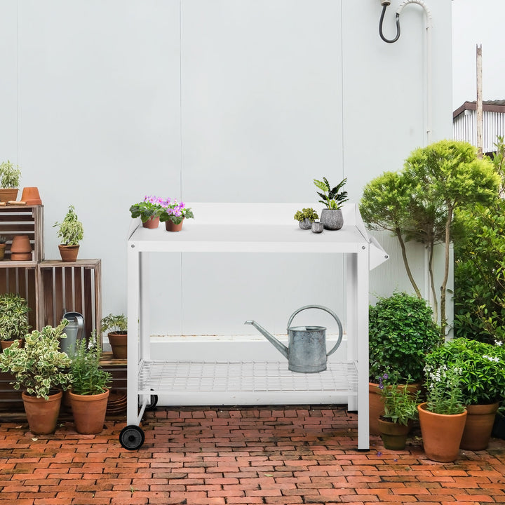 Garden Outdoor Metal Potting Table Bench Planting Workstation Push Cart with Wheels Side Hanger - White