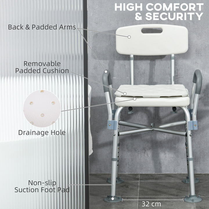 Aluminium Shower Chair with Backs and Arms, Height Adjustable Shower Seat with Removable Padded Cushion, Bath Stool for Seniors, Disabled, Pregnant, White