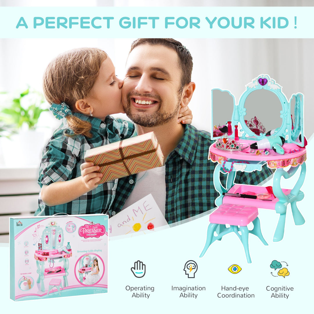 32 PCS Kids Vanity Dressing Table Play Set, Beauty Kit Pretend Toy w/ Magic Glamour Princess Mirror Hair Dryer Make Up Desk Stool, Blue+Pink