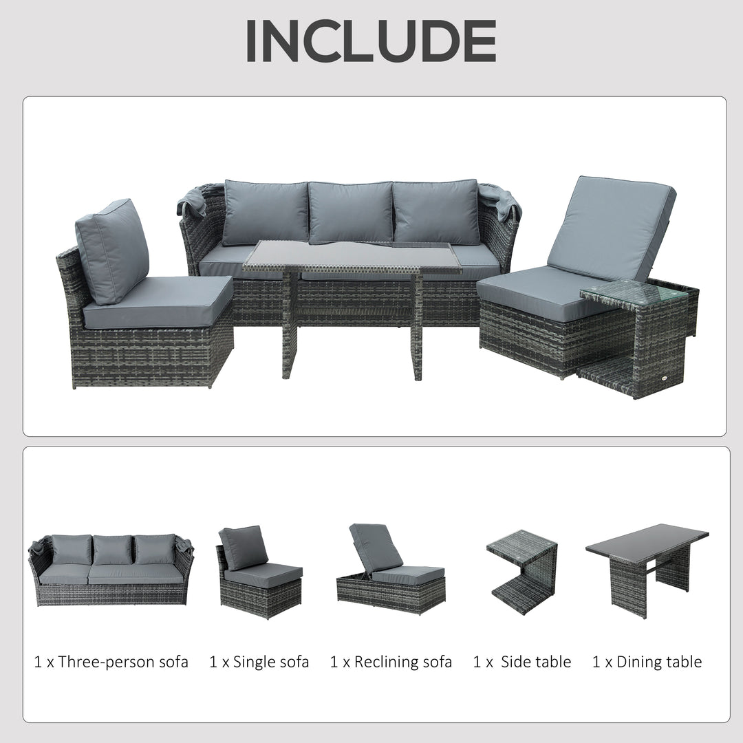 Outsunny 5-Seater Outdoor Rattan Garden Sofa Sets Reclining Sofa Adjustable Canopy & Side Dining Table Set, Mixed Grey