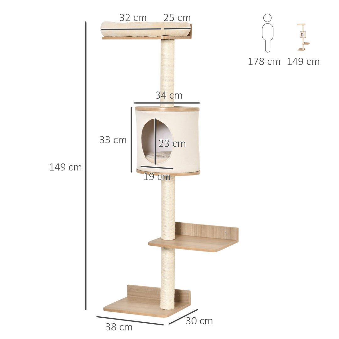 PawHut Cat Tree Cat Shelf Wall-Mounted Shelter Kitten Perch Climber Cat Furniture with Condo Bed Scratching Post 38 x 30 x 149cm Light Brown