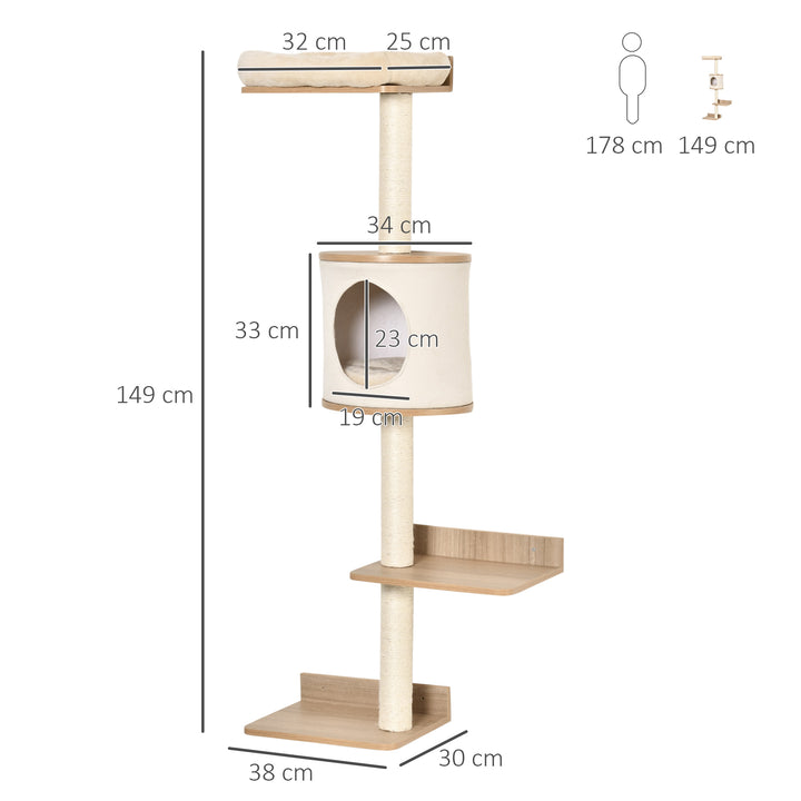PawHut Cat Tree Cat Shelf Wall-Mounted Shelter Kitten Perch Climber Cat Furniture with Condo Bed Scratching Post 38 x 30 x 149cm Light Brown