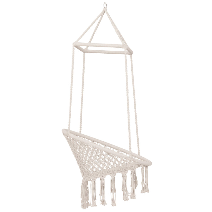 Hammock Macrame Swing Chair Hanging Seat Rope Tassels Indoor Outdoor Garden Solid Knitted Woven Net Seat Deck Porch Yard Beige