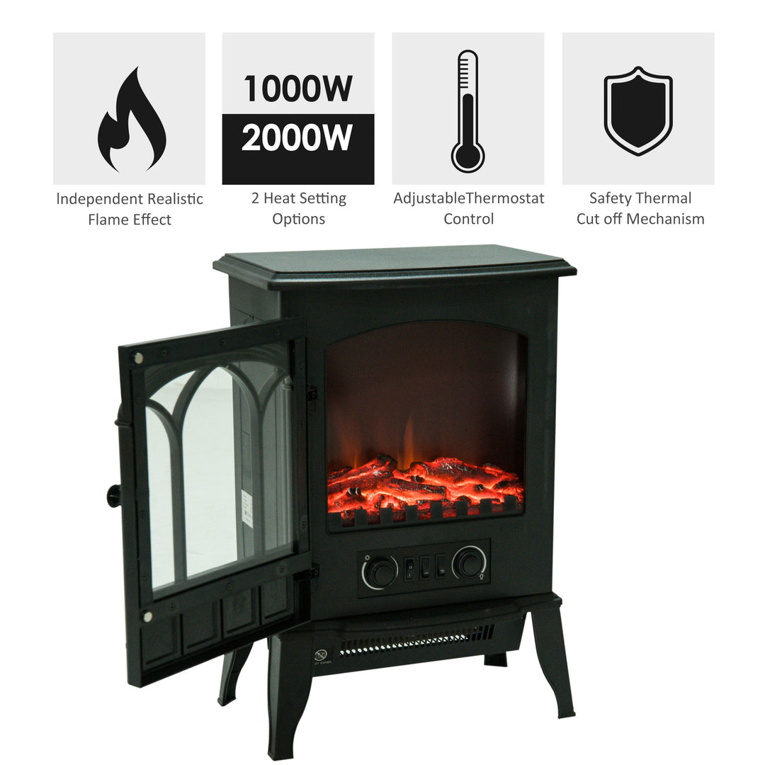 Freestanding Electric Fireplace Heater, 1000W/2000W-Black