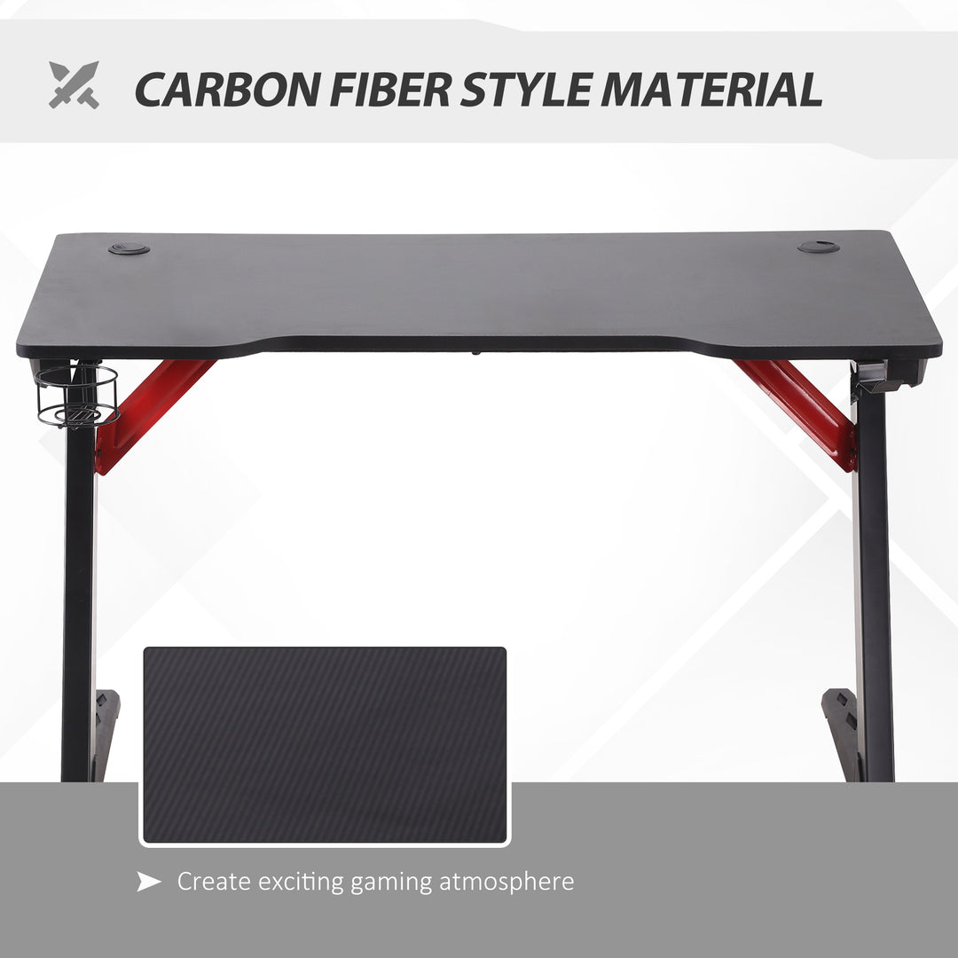 HOMCOM Racing Style Gaming Desk with LED Lights, Z-Shaped Computer Table Workstation with Cup Holder, Headphone Hook for Study, Home Office, Black