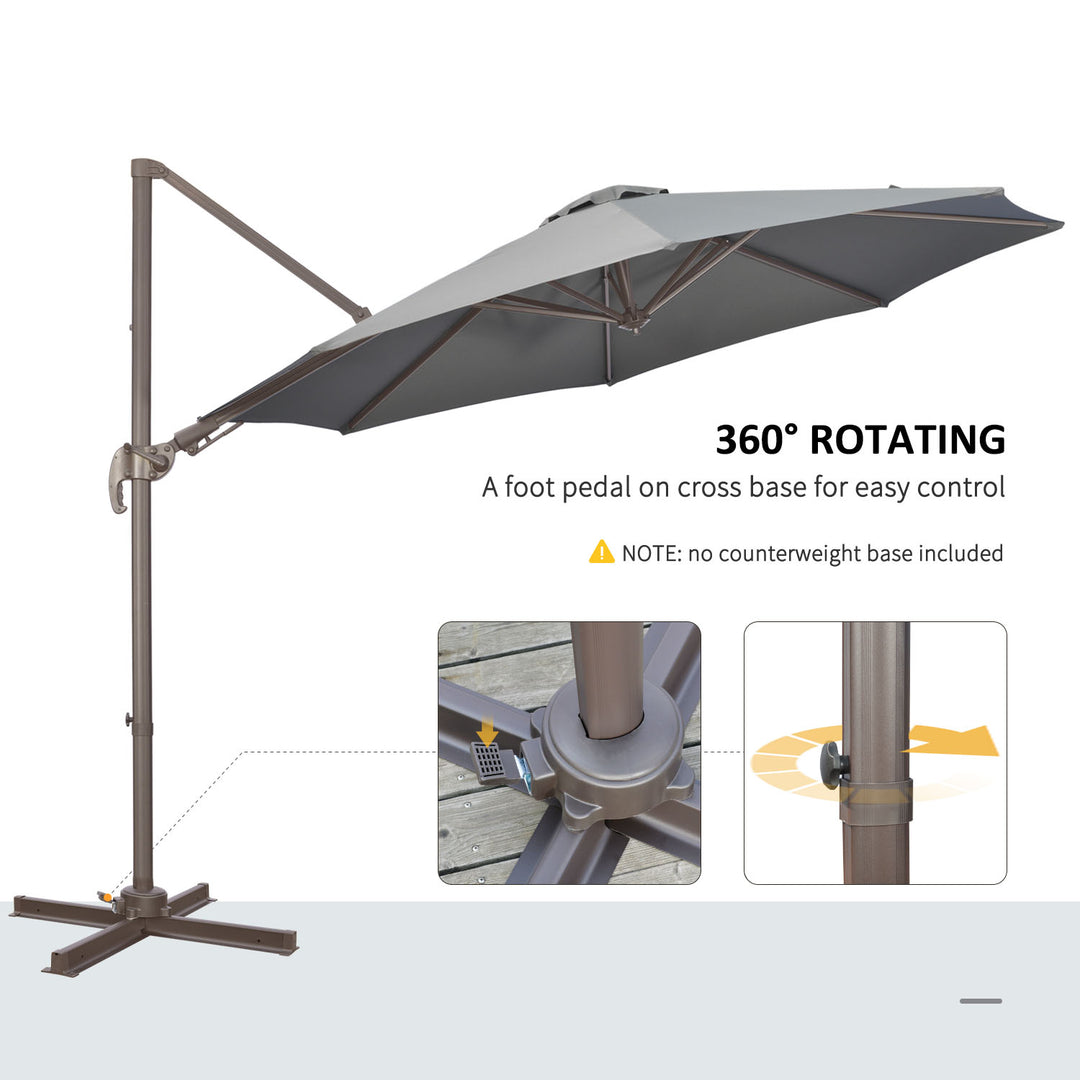 3(m) Cantilever Parasol 360° Rotation Roma Umbrella Hanging Sun Shade with Aluminum Frame, Tilt Crank, 8 Ribs and Cross Base, Dark Grey