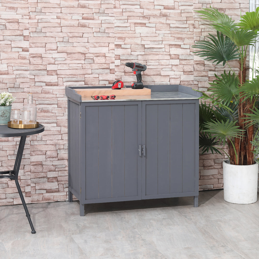Outsunny Wooden Garden Storage Shed Tool Cabinet Organiser w/ Potting Bench Table, Two Shelves, 98 x 48 x 95.5 cm, Grey