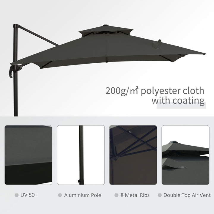 3 x 3(m) Garden Cantilever Roma Parasol with Crank and Tilt, Square Overhanging Patio Umbrella with 360° Rotation, Sun Shade Canopy with Base