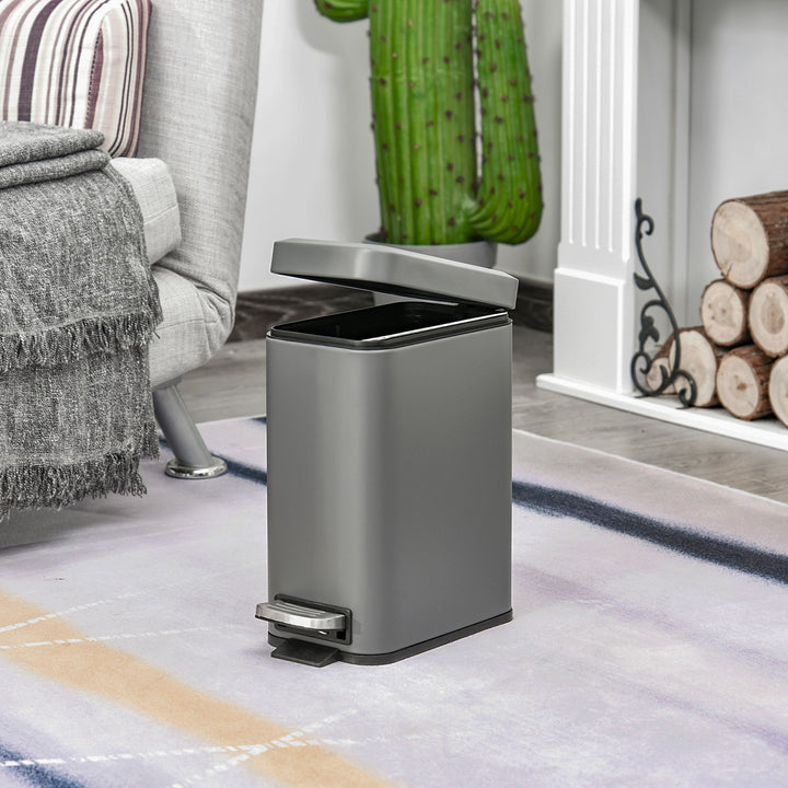 5L Rectangular Compact Bin Steel Body Removable Bucket Quiet-Close Lid w/ Pedal Lid Rubbish Trash Can Garbage Tidy Clean Grey